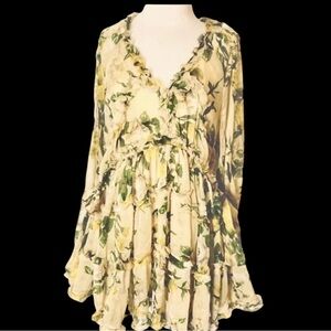 O.P.T Angelique Floral Ruffle Babydoll Boho Long-sleeve Flowy Tunic Mini Dress